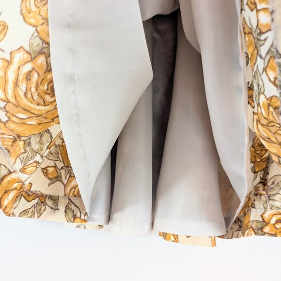 Beige A-Line Basque Waist Midi Skirt with Mustard Yellow Roses - Has Pockets XS - Picture 9 of 11